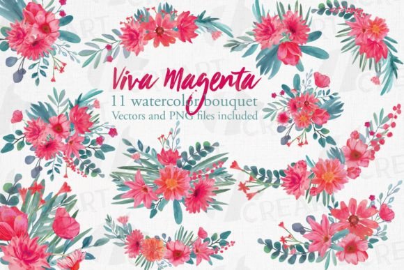 Viva Magenta Watercolor Flower Bouquets