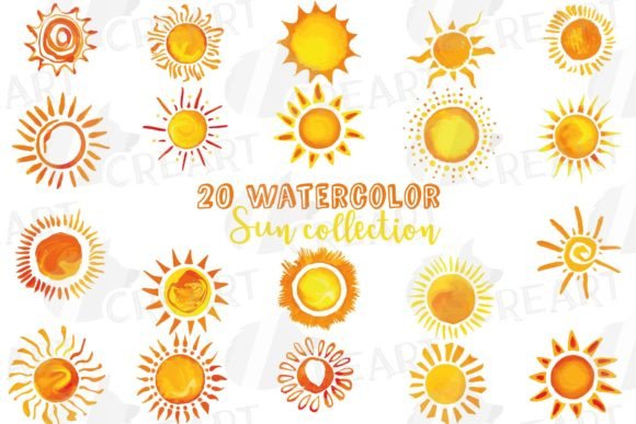 Watercolor Hand Drawn Sun Collection: Graphics & Print Templates