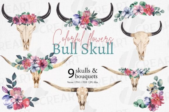 Watercolour Flower Bouquets, Bull Skulls Graphics