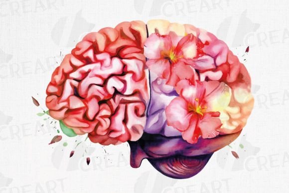 Watercolour Human Brain with Hibiscus Graphics